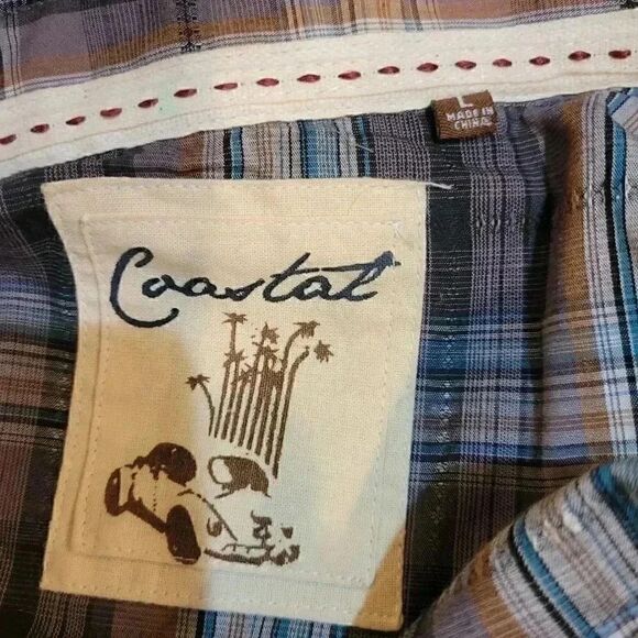 COASTAL MEN'S Black/Gray/White/Turquoise/Tan Plaid Cotton Blend Snap Front Shirt - Picture 4 of 11